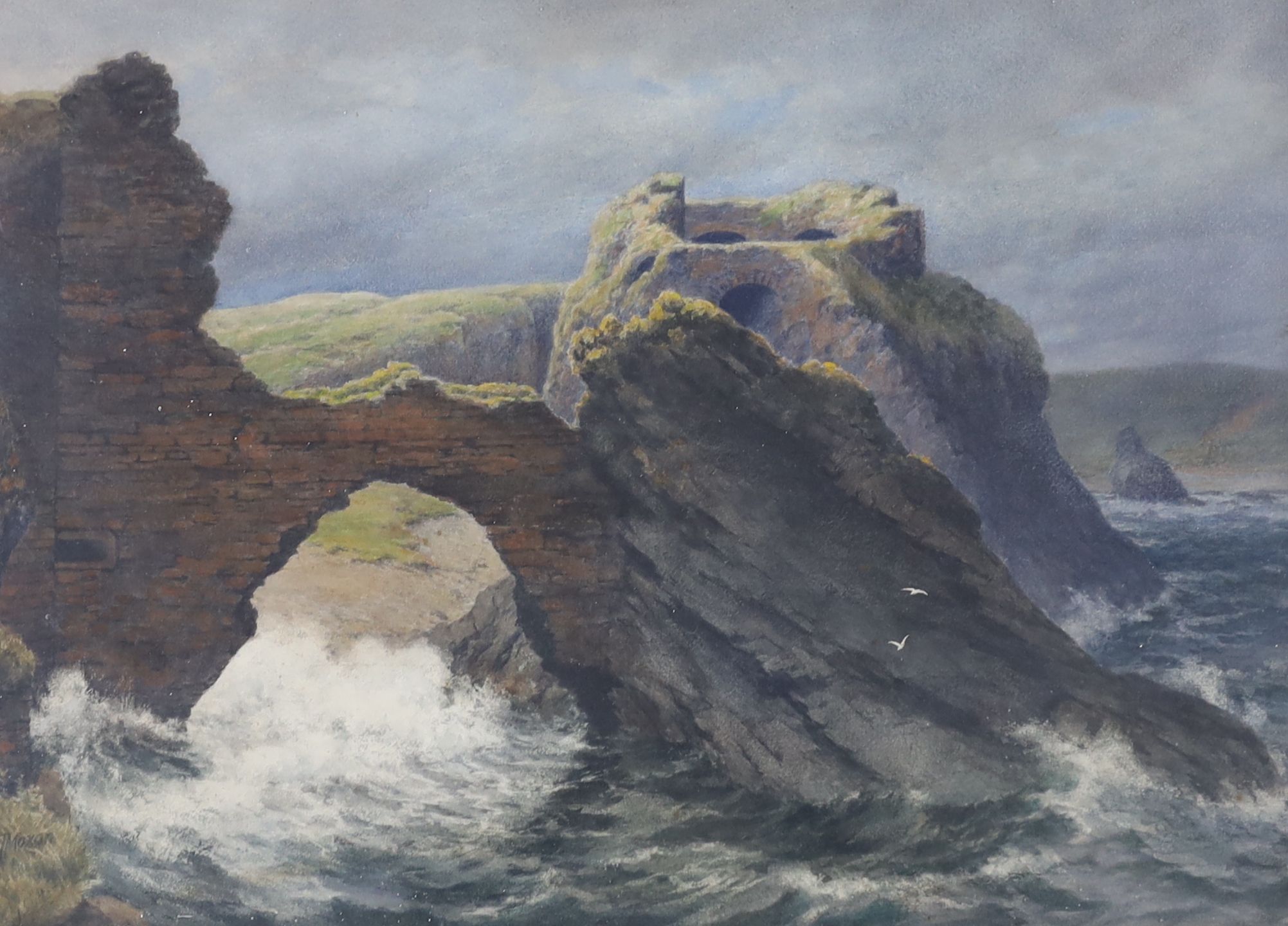 A Imoxon, heightened watercolour, Rocky coastal scene with ruins, signed, 52 x 72cm